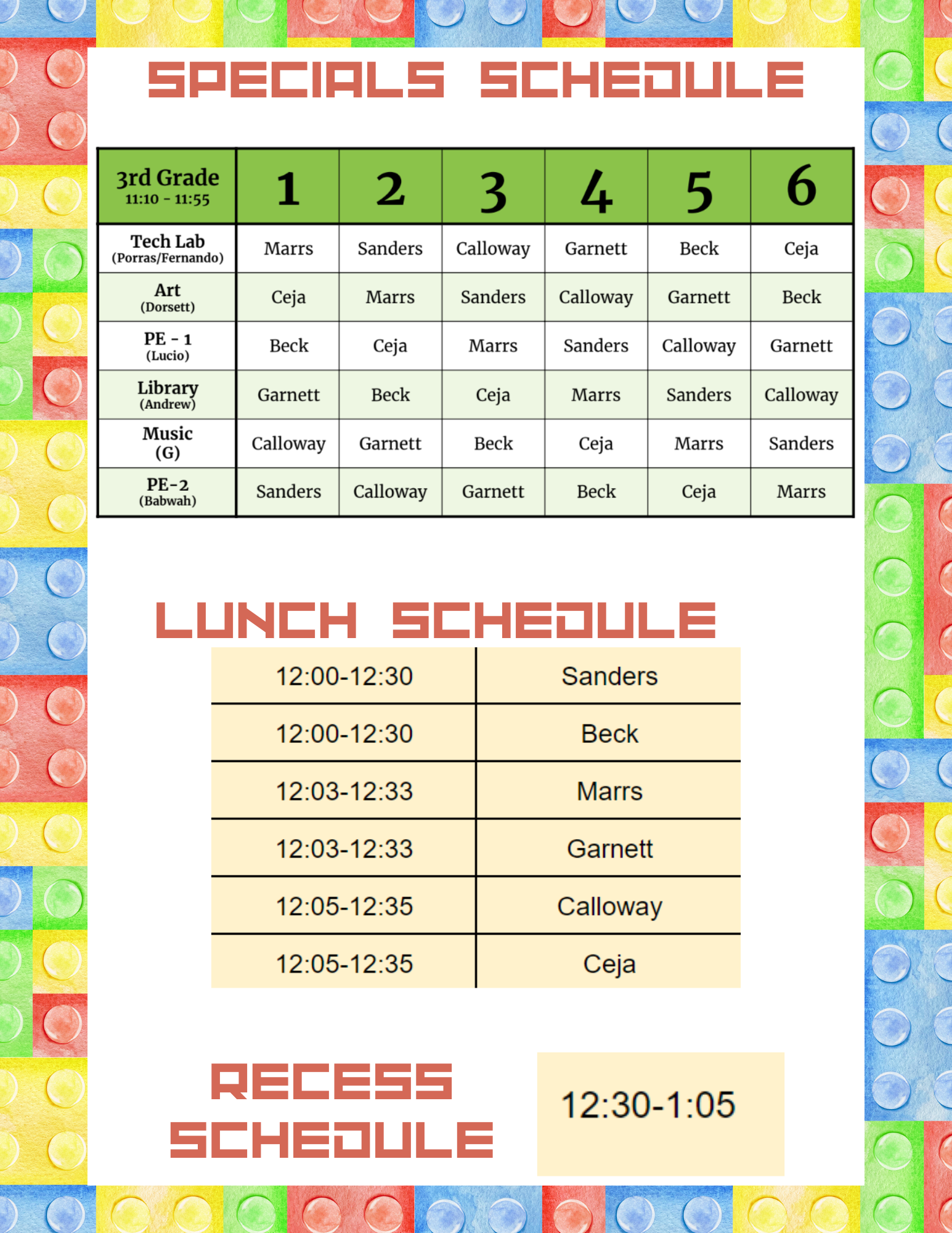 3rd Grade Daily Schedule