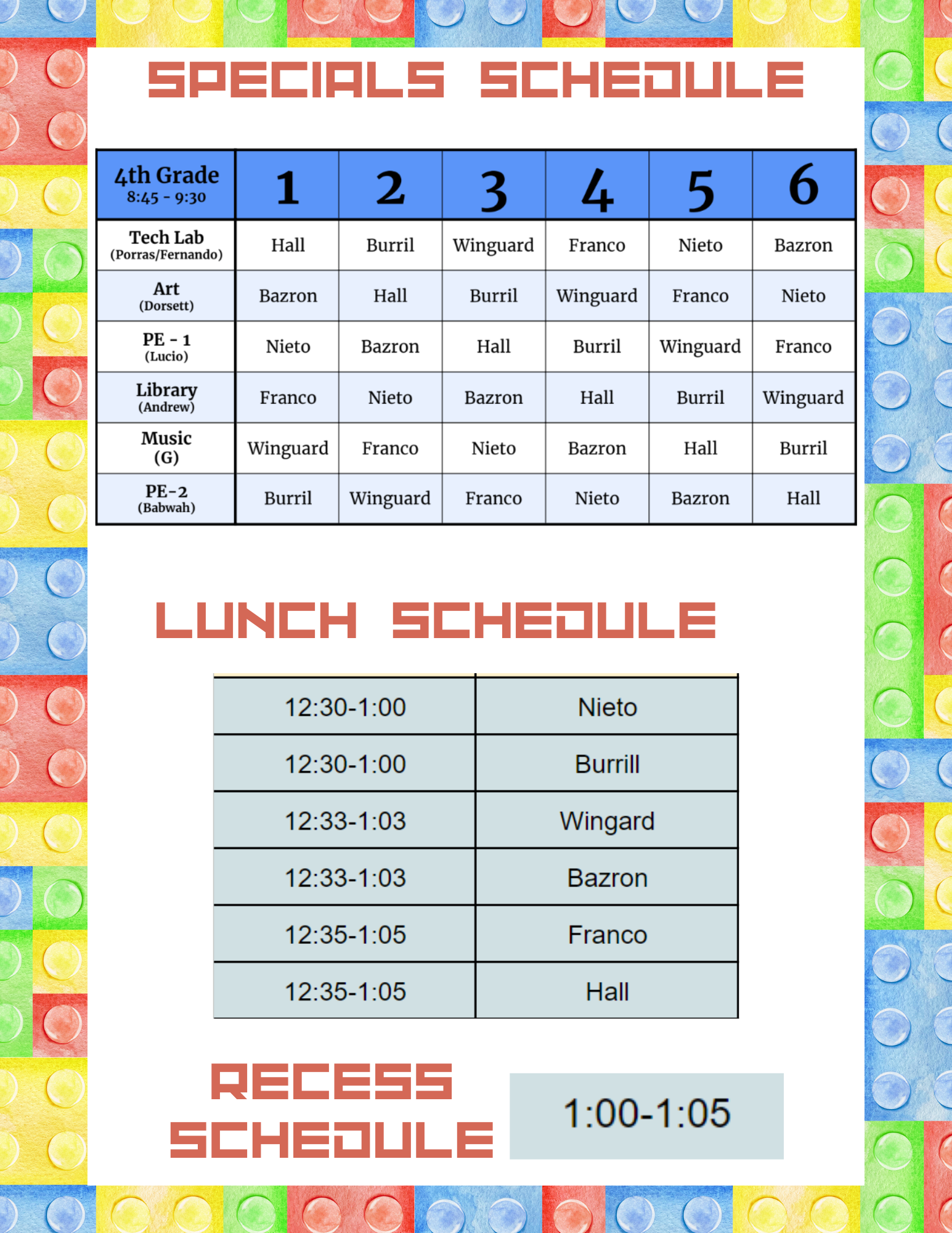 4th Grade Daily Schedule