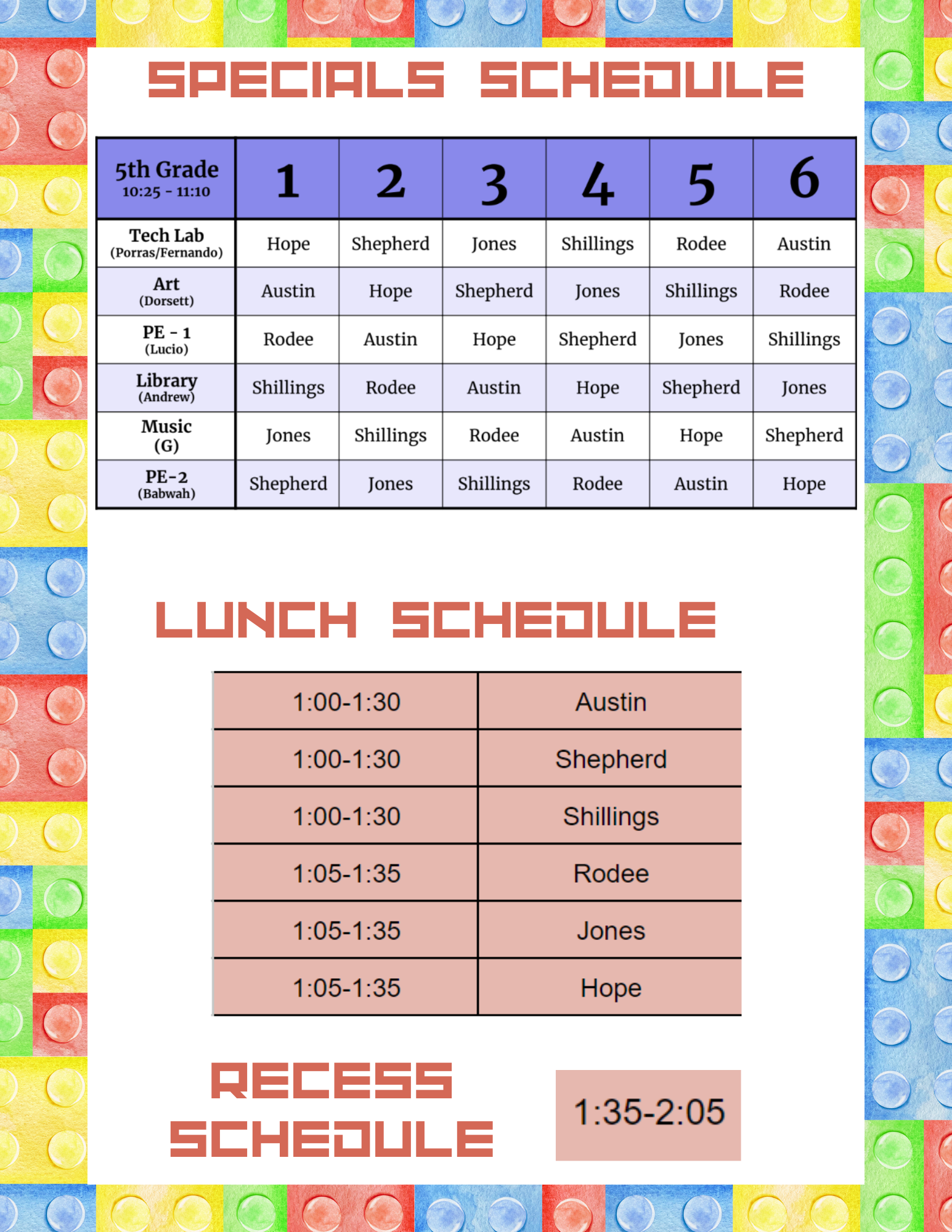 5th grade daily schedule