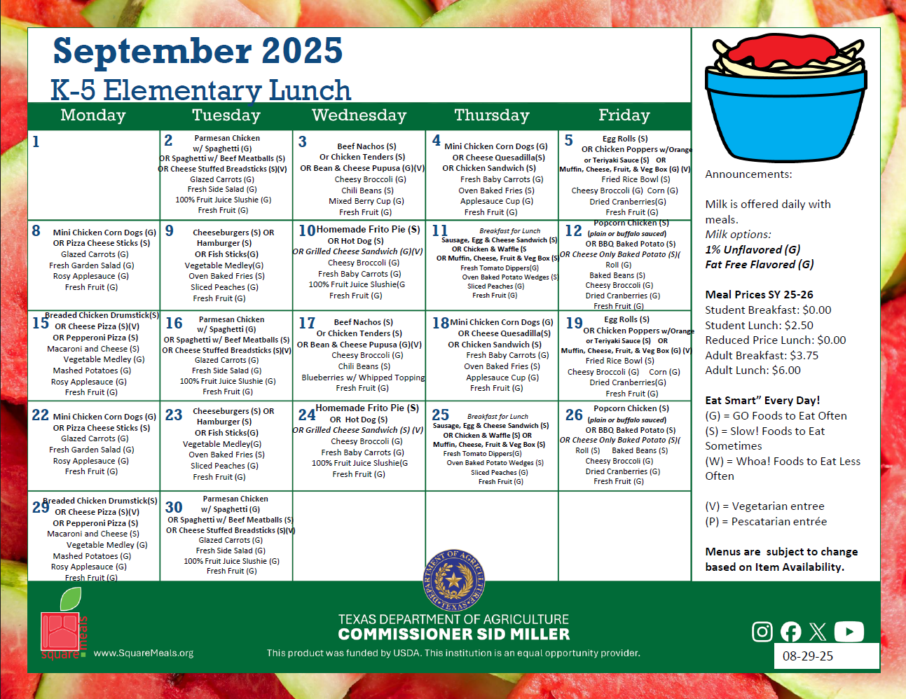 September 2025 Lunch Menu