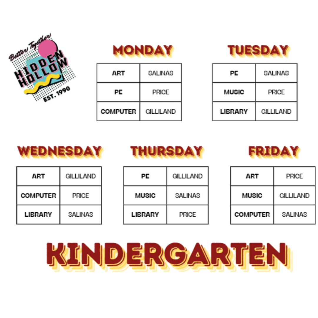 Kindergarten Specials Schedule