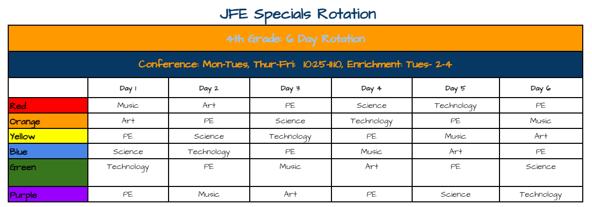 4th Grade Specials Schedule