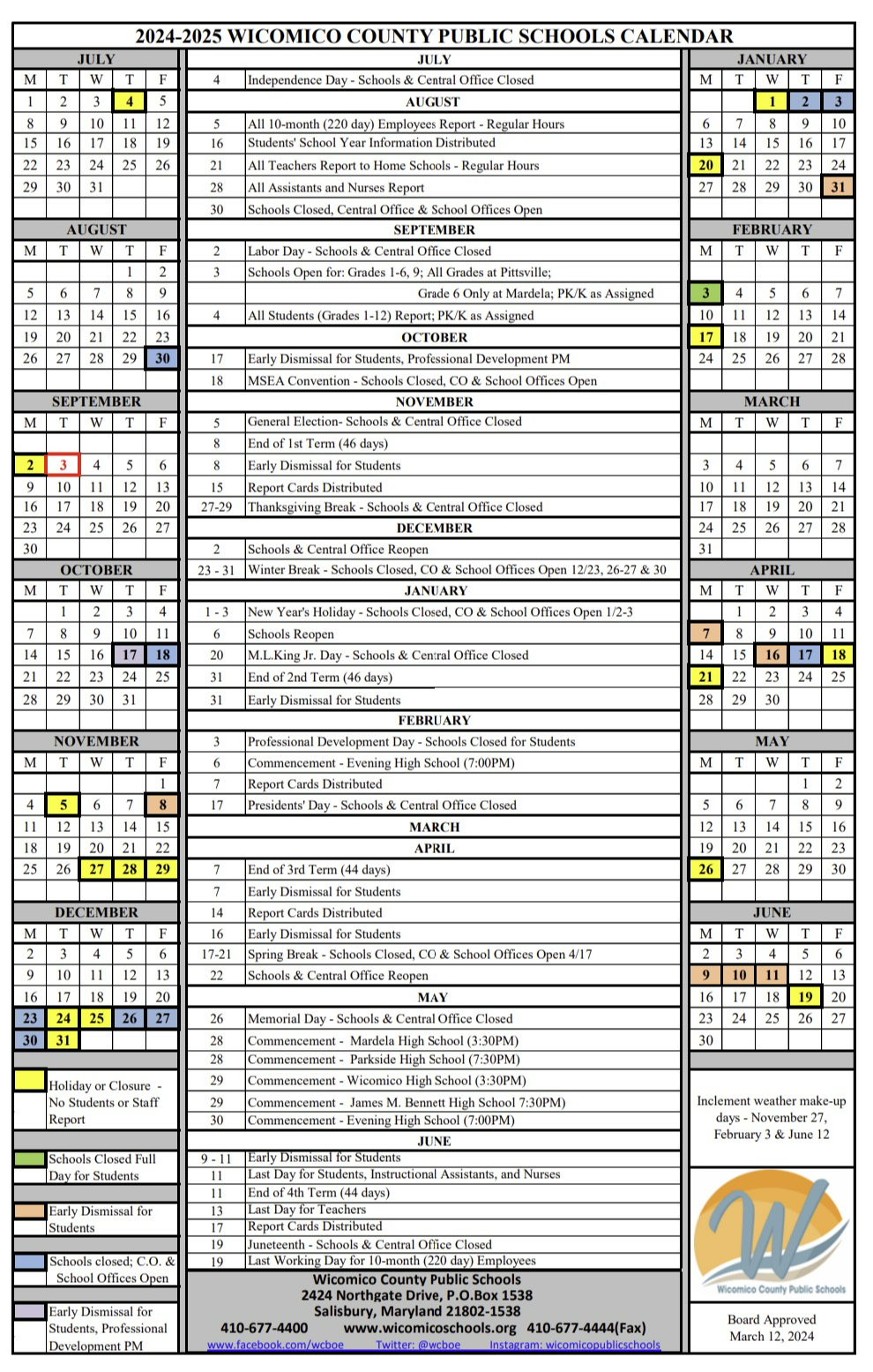 School Calendar for 2024 - 2025