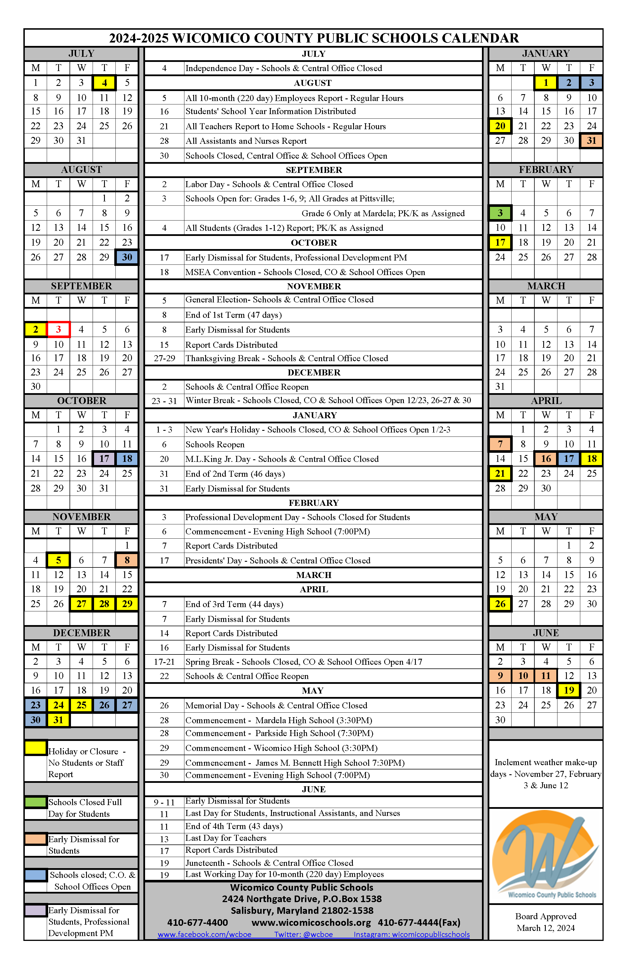 School Calendar for 2024 - 2025