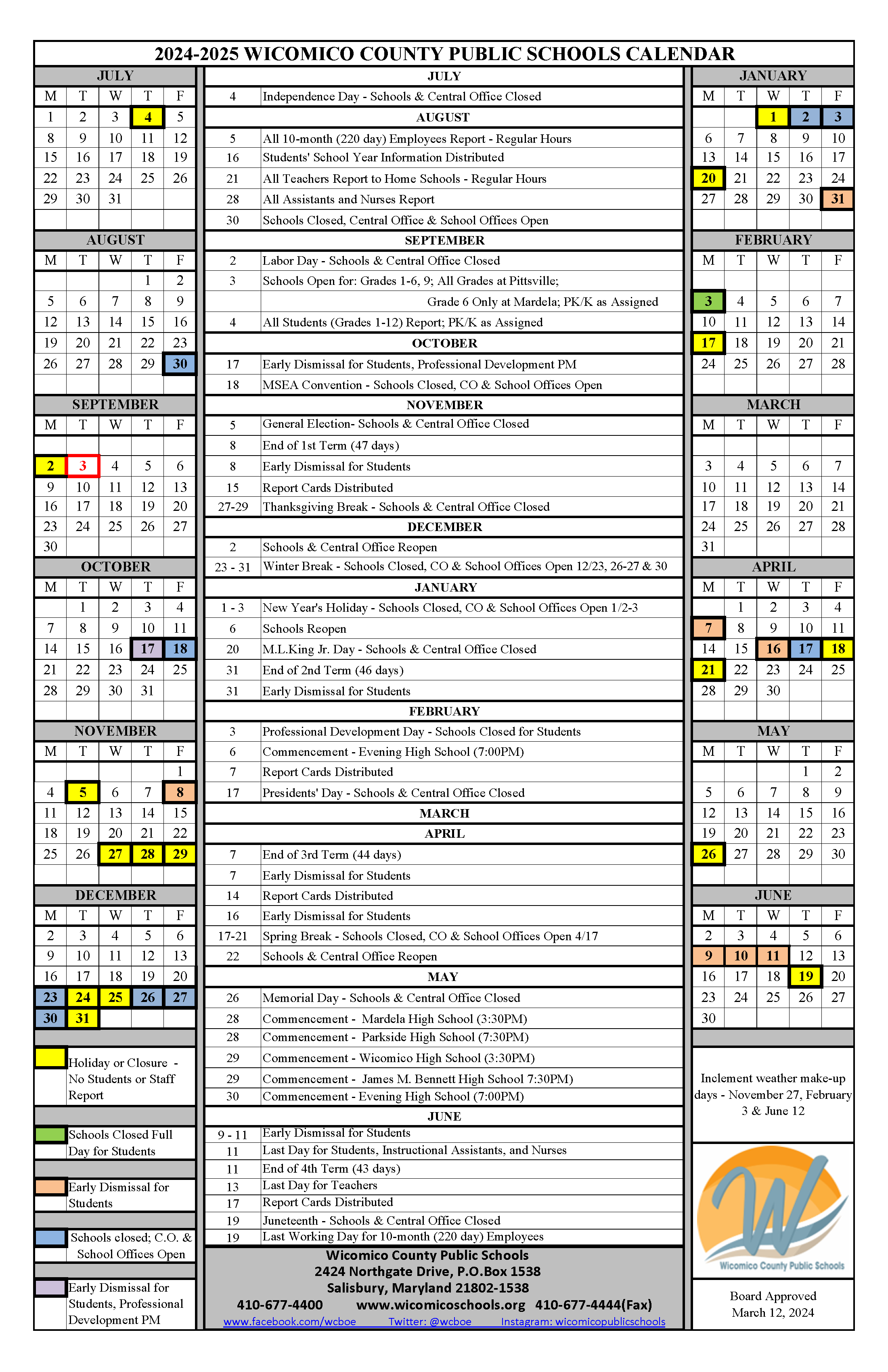 Calendars Wicomico County Public Schools