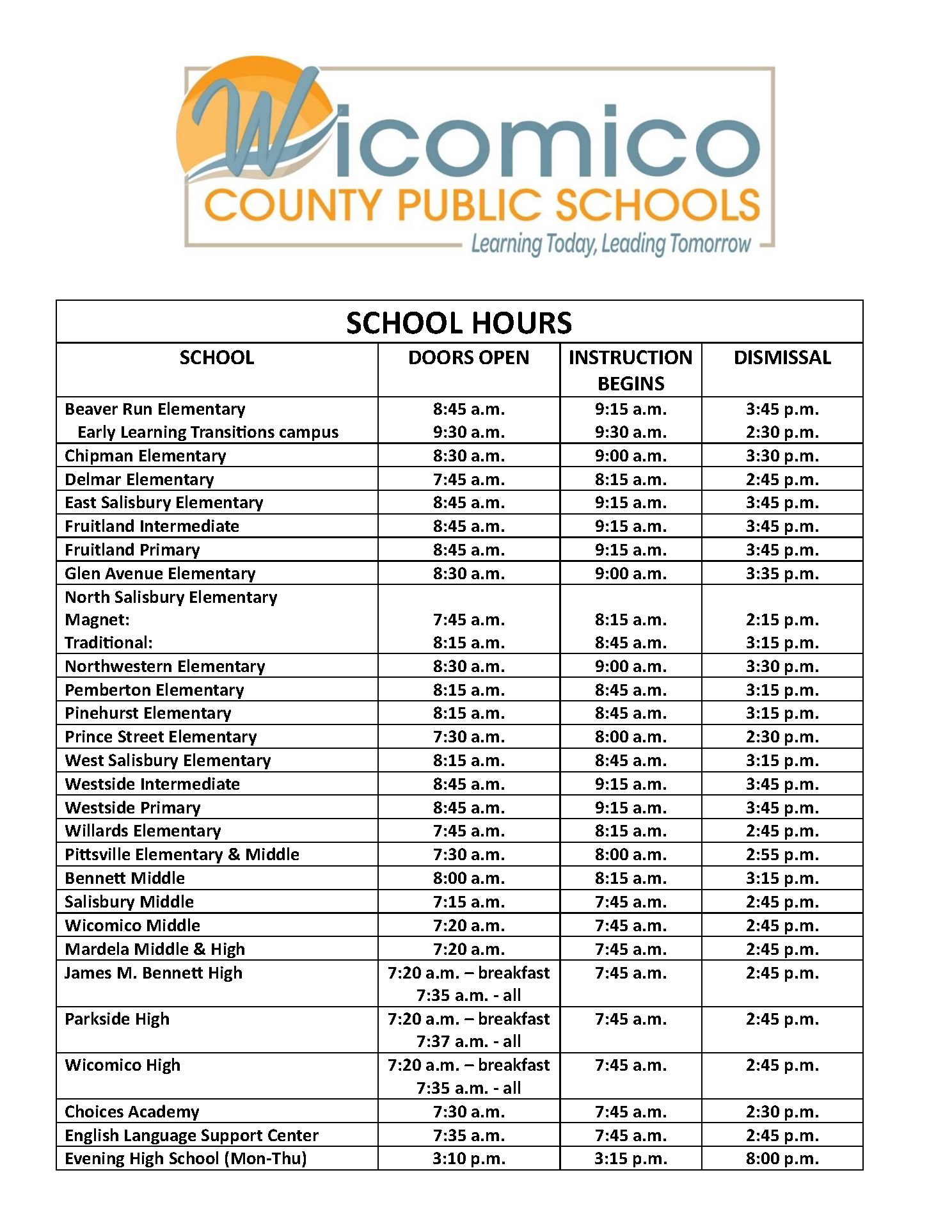 Chart of school hours