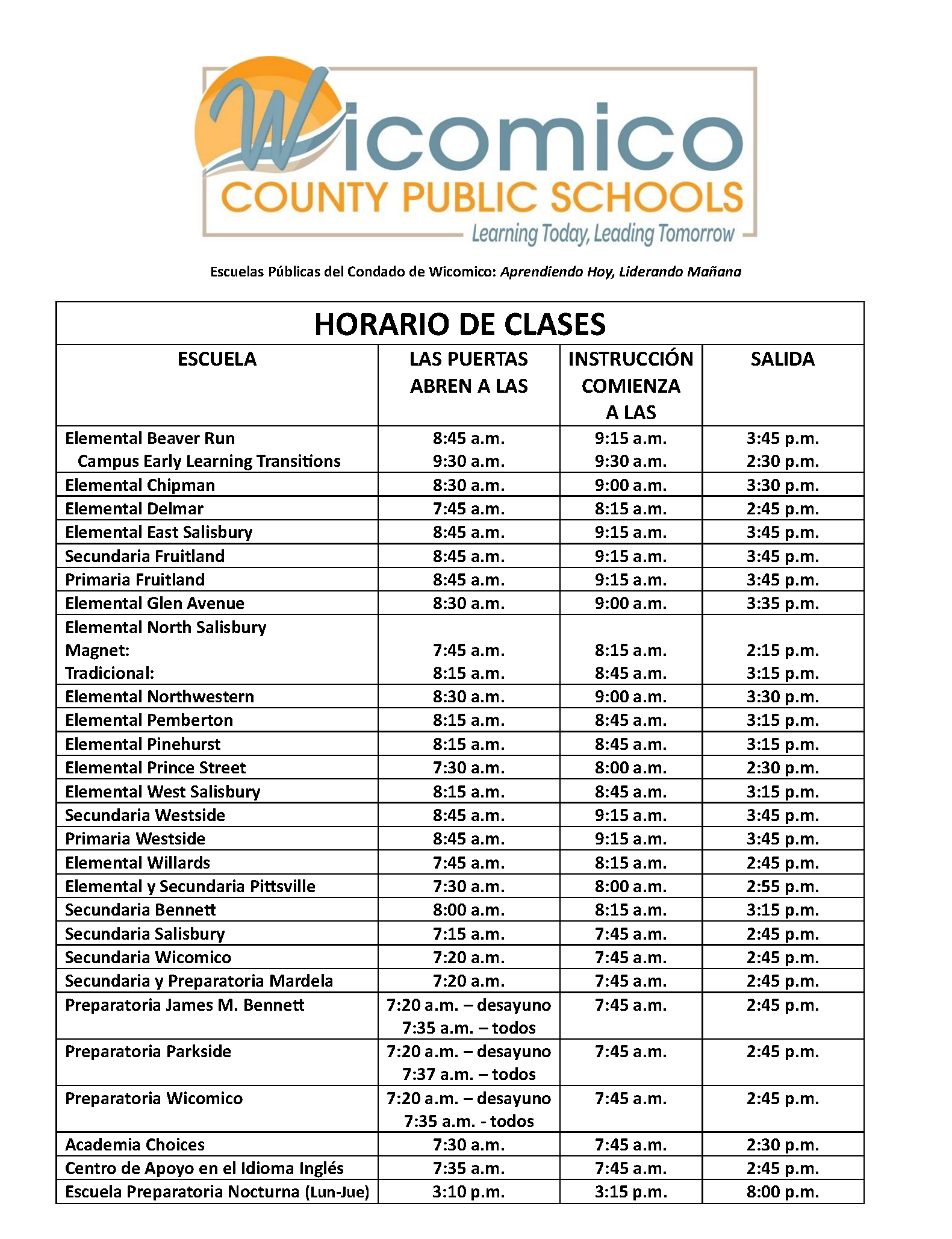 school hours in Spanish