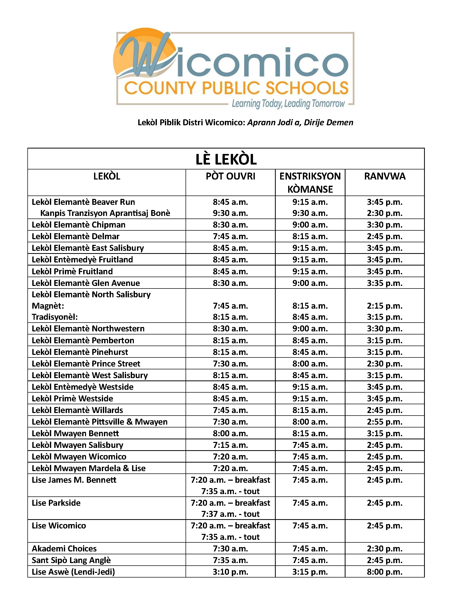 School hours in Haitian Creole