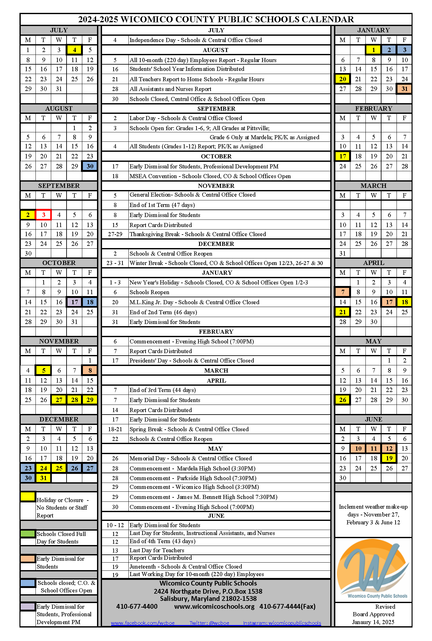 Revised School Calendar for 2024 - 2025