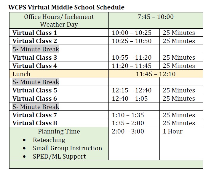 Image of Middle School Virtual Learning Day Schedule