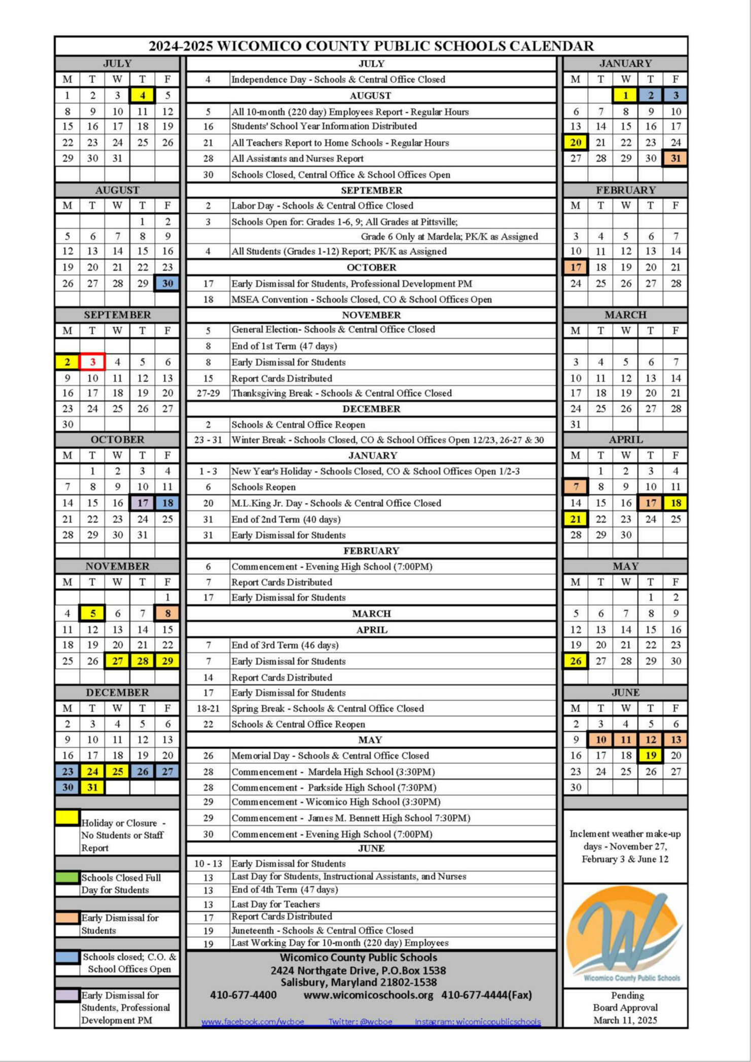 Revised School Calendar as of February 25, 2025 for 2024 - 2025