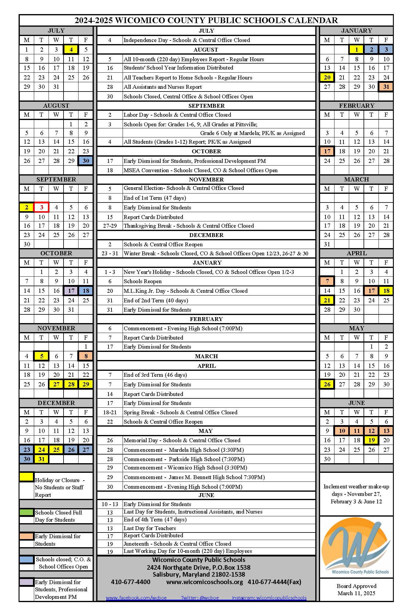 Revised School Calendar as of March 11, 2025 for 2024 - 2025