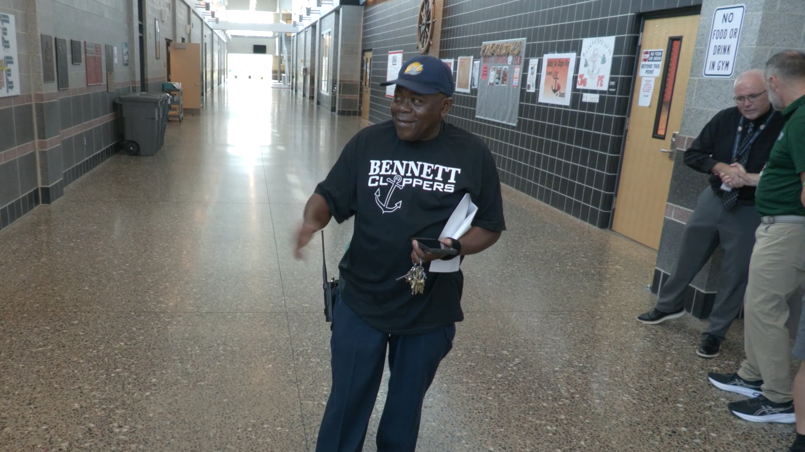 Image of James M. Bennett High School Building Services Manager James Simpkins giving a behind the scenes tour of the work to keep the school clean and running properly 
