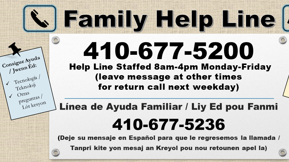 Image of flyer advertising the Family Help Line in Wicomico Public Schools