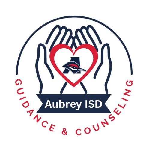 Aubrey ISD Counseling Department logo including hands, a heart and district logo with chaparral