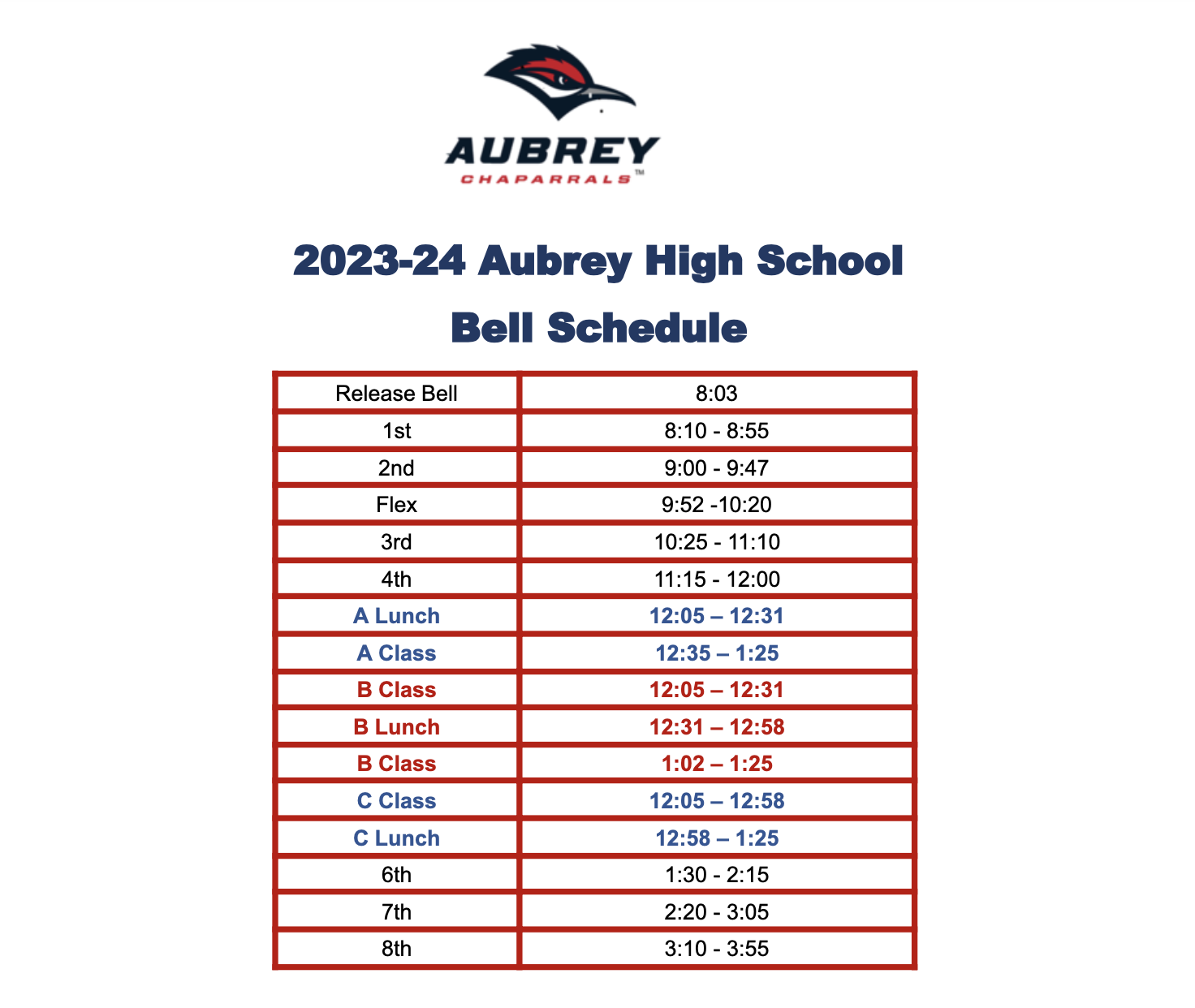 Aubrey High School Bell Schedule