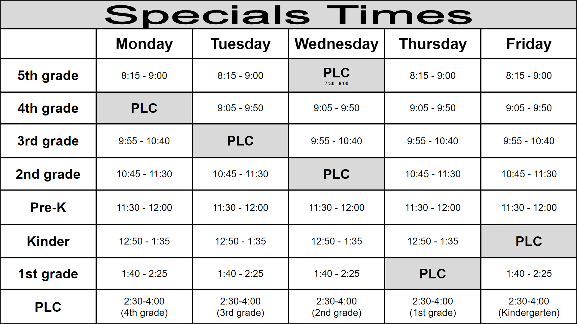 Specials | Park Lakes Elementary School