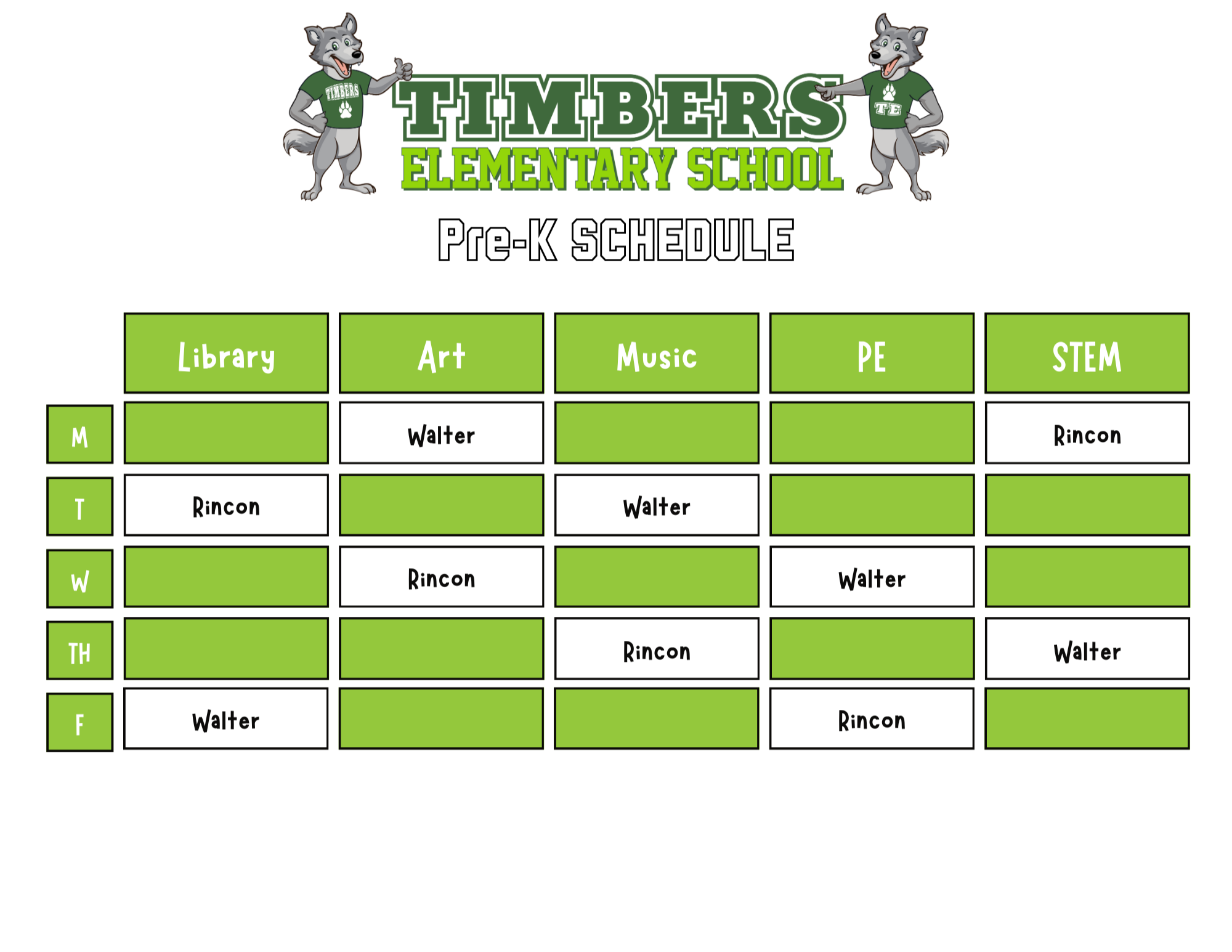 Pre-K Specials Schedule