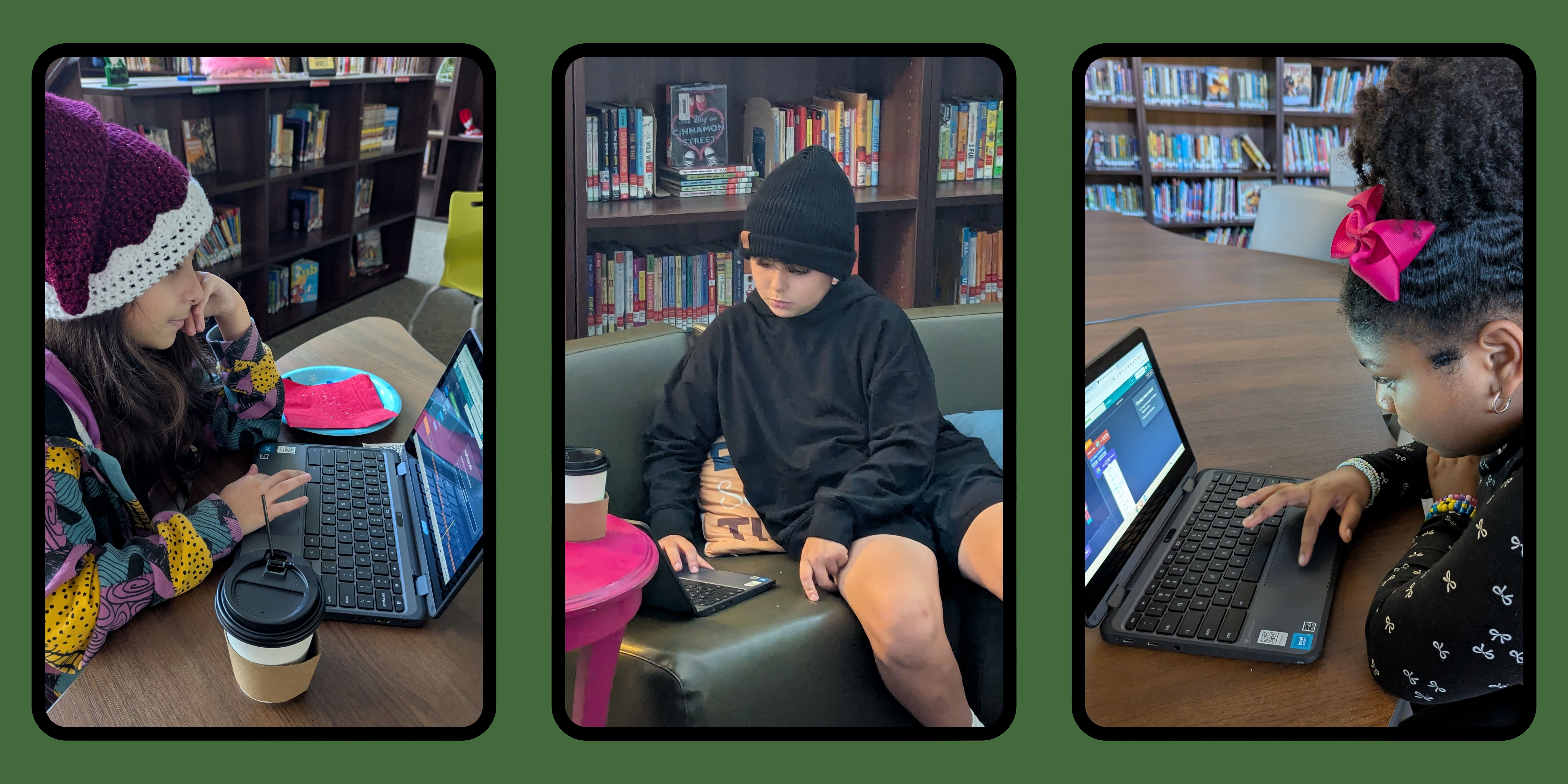 Students coding in the library on computers