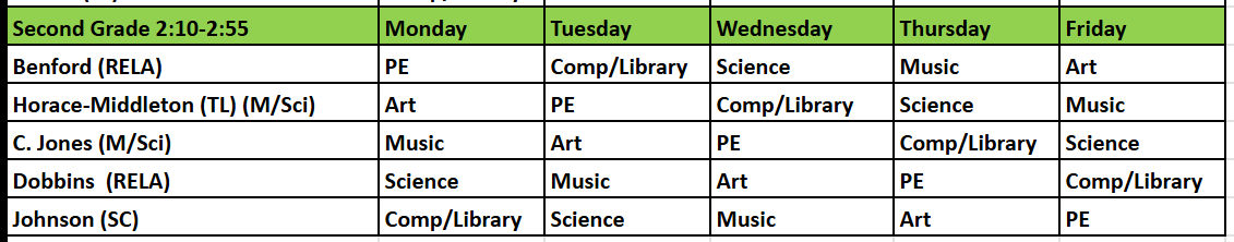 2nd Grade Specials Schedule