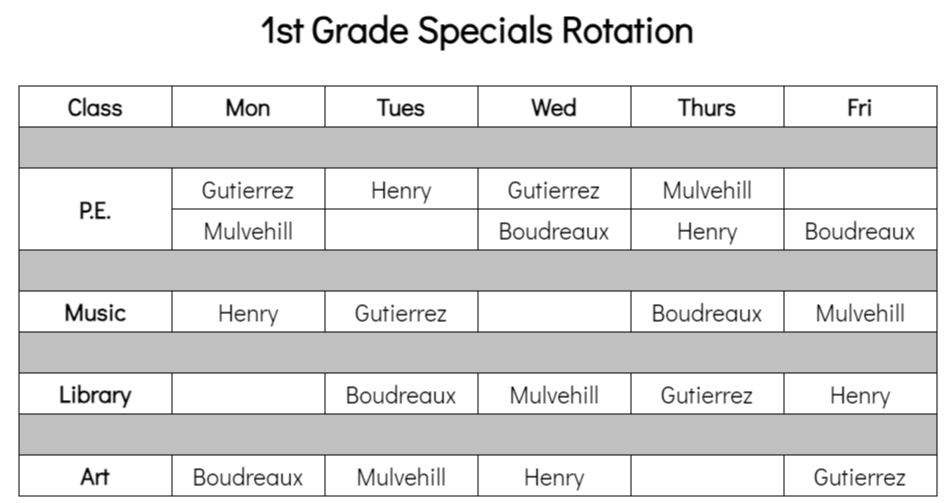 first grade specials weekly schedule