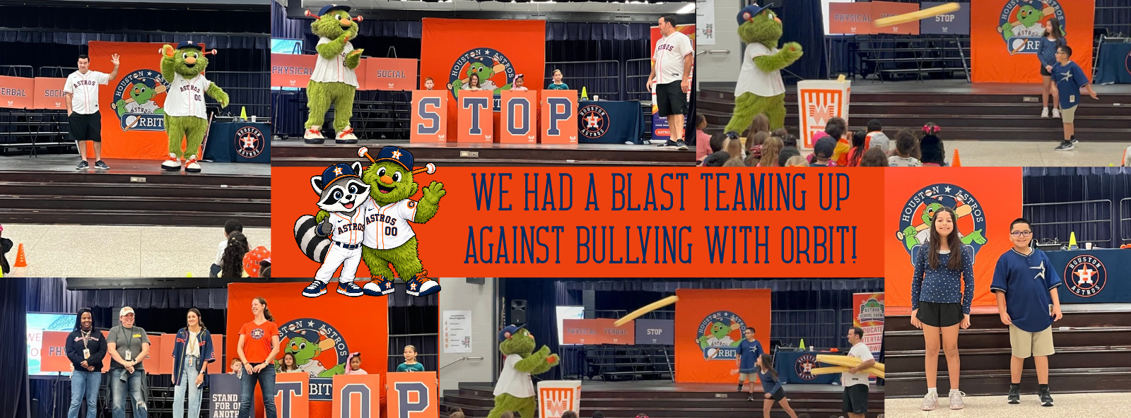 Collage of photos shows students standing with signs, mascots, and adults; one shows a student holding a bat.