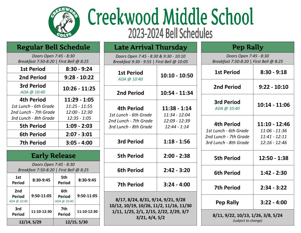 Bell Schedules | Creekwood Middle School