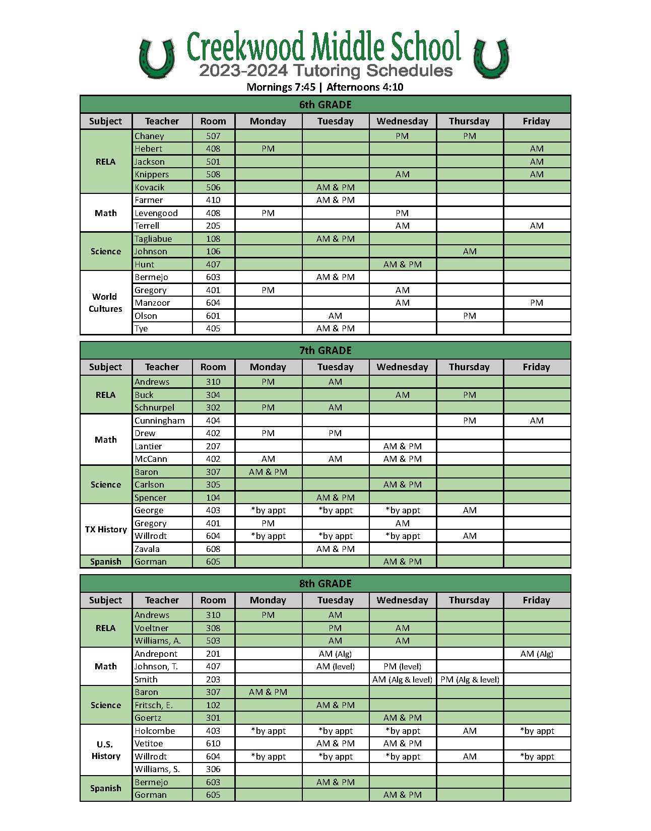 Tutoring Schedules | Creekwood Middle School