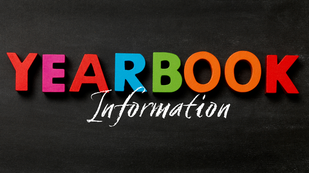 Black background with rainbow letters spelling Yearbook with chalk drawn word below spelling out the word information 