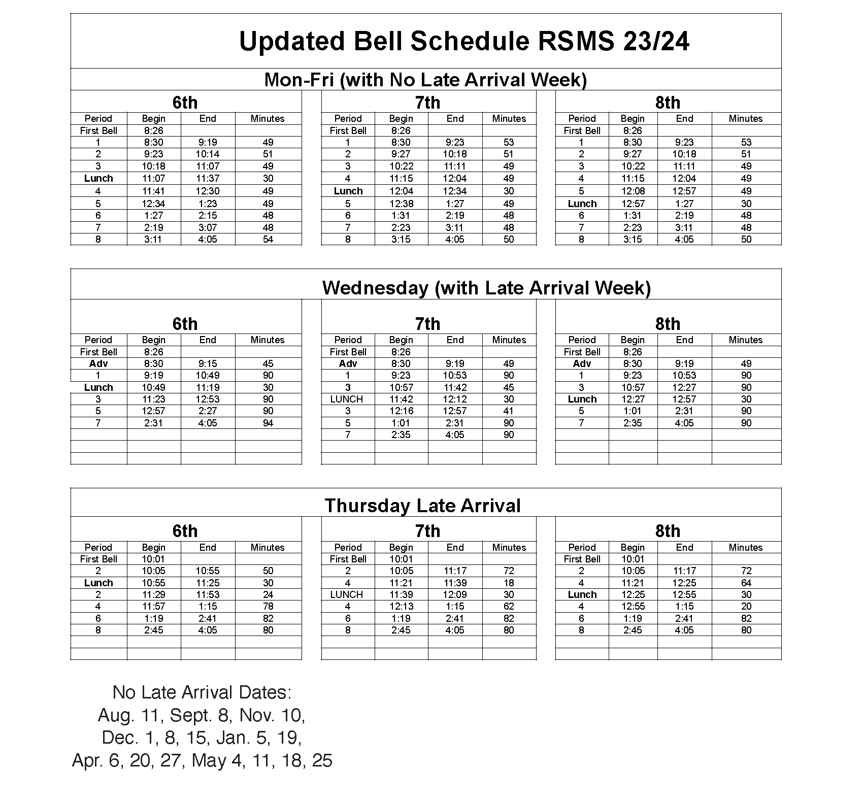 Bell Schedules Ross Sterling Middle School