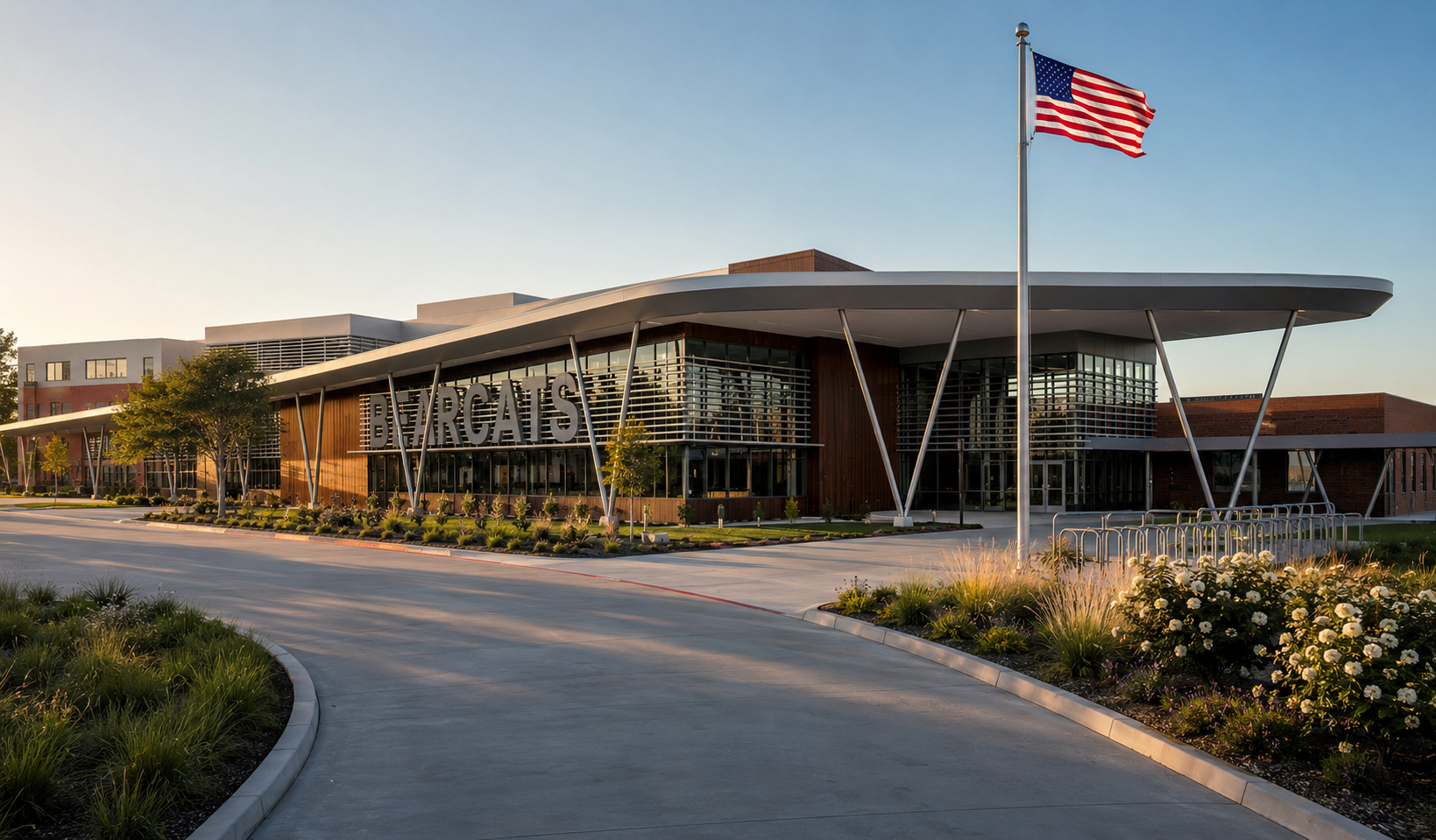 A wide-angle photograph of the front entrance of Ross Sterling Middle School during the early morning or late afternoon. A curved concrete driveway leads visitors toward a modern school building with extensive glass windows, wood and brick exterior accents, and a large overhanging roof supported by angled steel columns. Across the front entrance, large three-dimensional letters spell "Bearcats." Landscaping includes ornamental grasses, flowering shrubs, and young trees lining the driveway and sidewalks. A tall flagpole near the main entrance displays the United States flag against a clear blue sky. The image conveys a welcoming, contemporary educational campus.