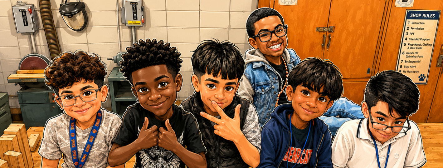 a group of students sitting on top of the table in a shop.