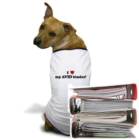 dog with AVID tshirt with binders
