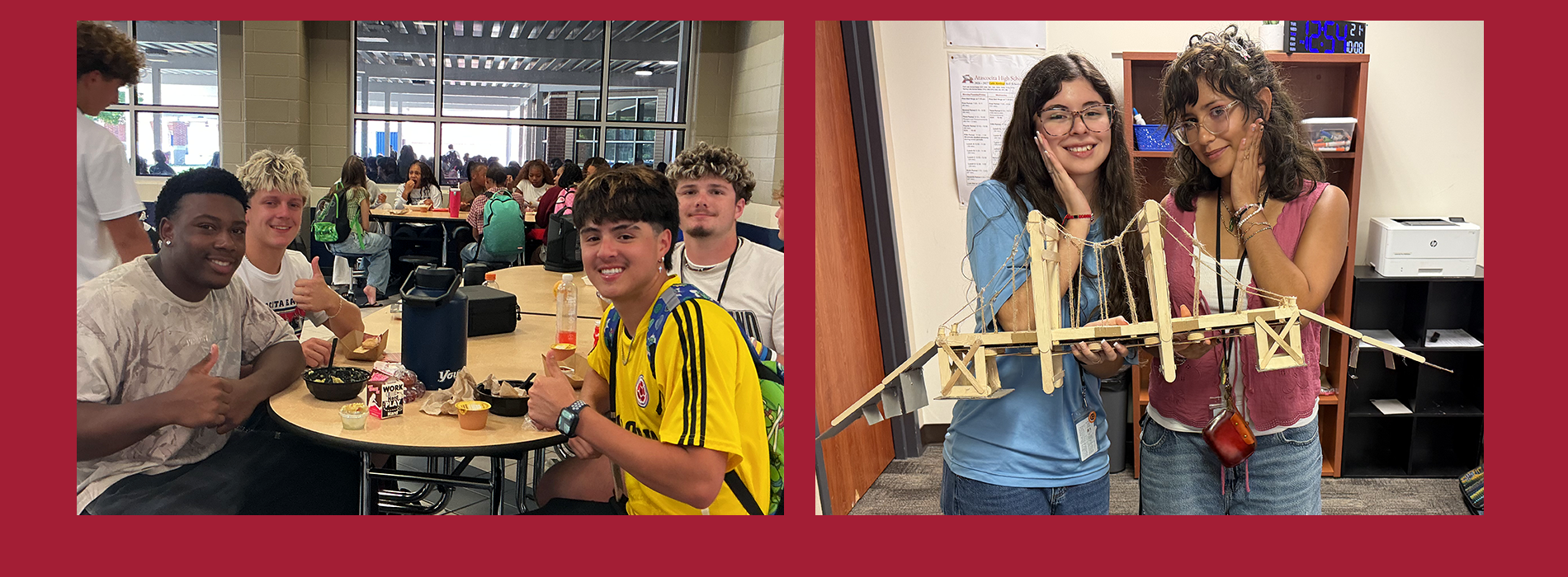 Collage of students in a classroom. Left, a student eats at a desk. Right, two students pose with a model bridge.