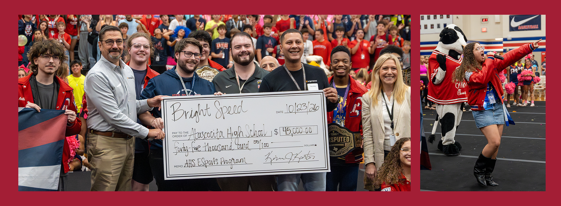 Three photos. A crowd of people and mascot. Staff holding a check. A mascot with arms raised.