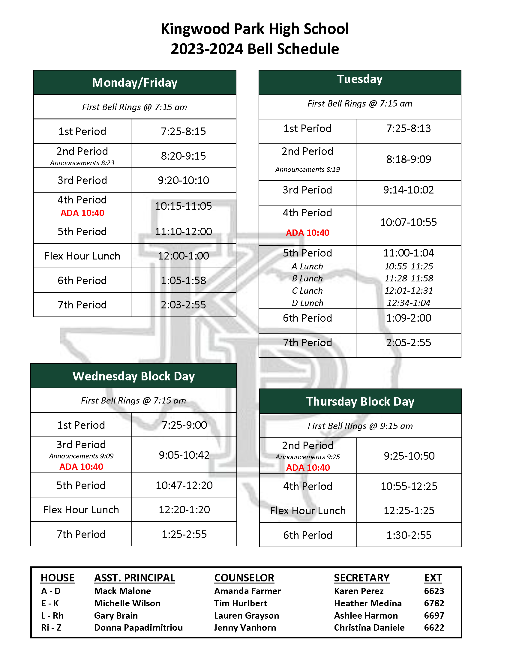 Bell Schedules Kingwood Park High School