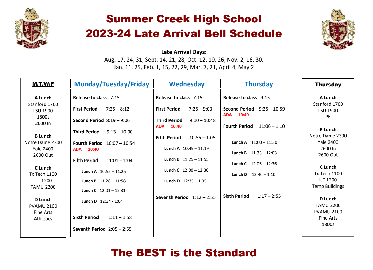 Bell Schedules Summer Creek High School