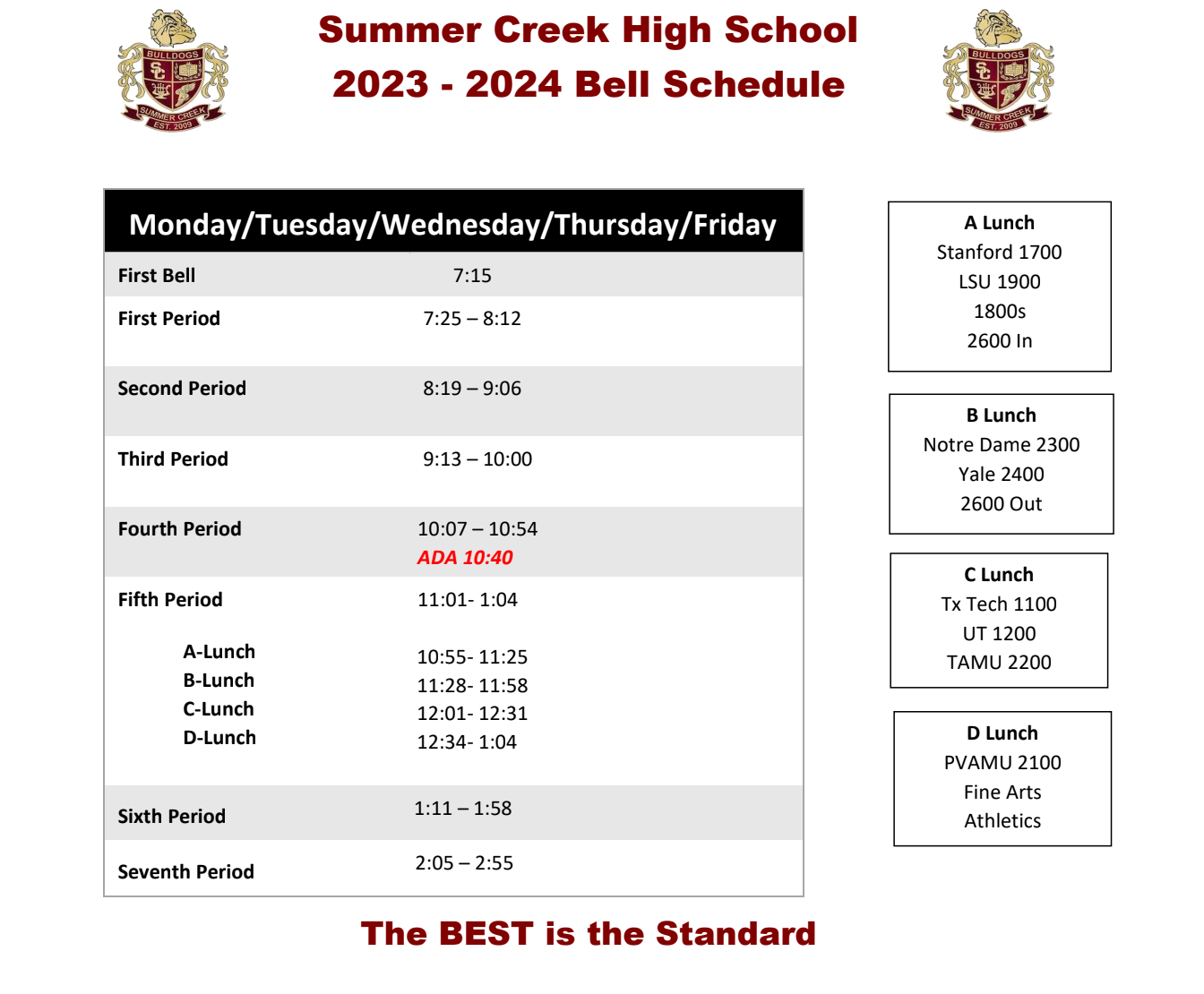 Bell Schedules | Summer Creek High School Bell Schedules | Summer Creek High School