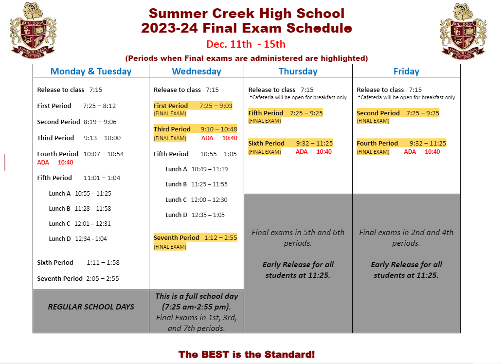 Bell Schedules | Summer Creek High School Bell Schedules | Summer Creek High School