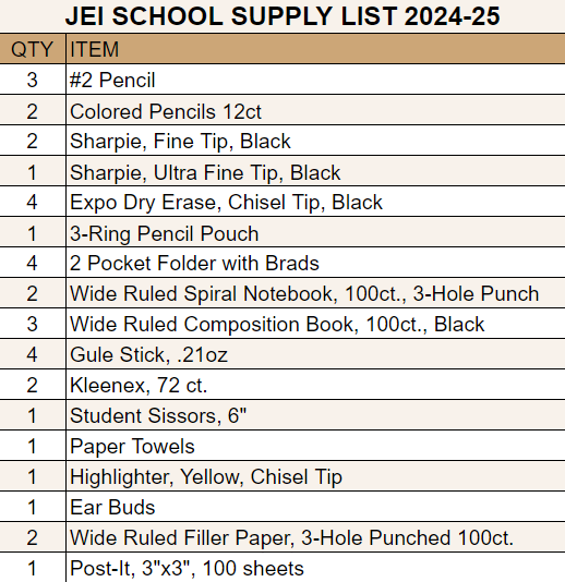 School Supply List 2024-2025