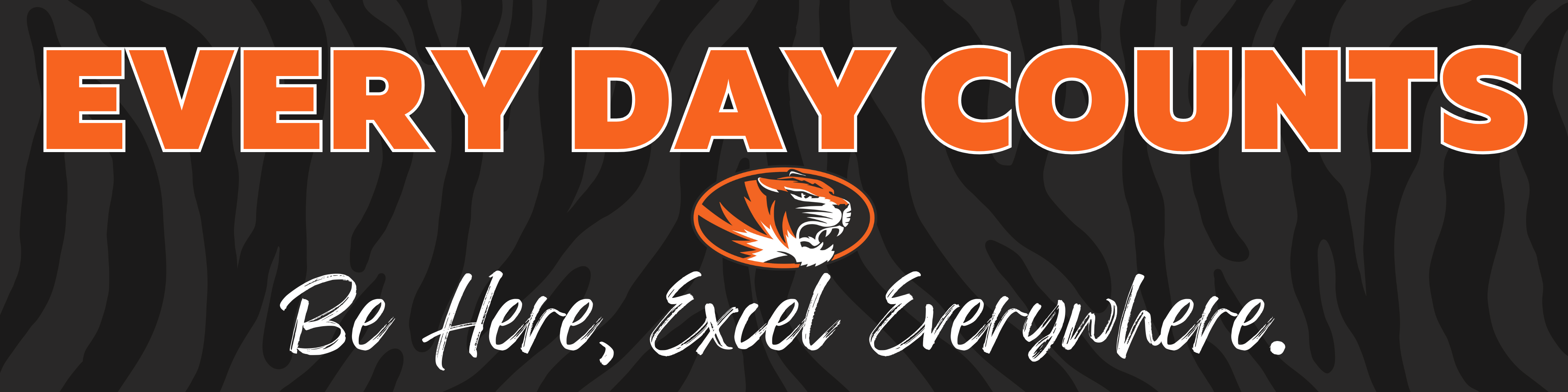 Gray and black tiger stripe  background, with the words "Every Day Counts, Be here, Excel Everywhere." 