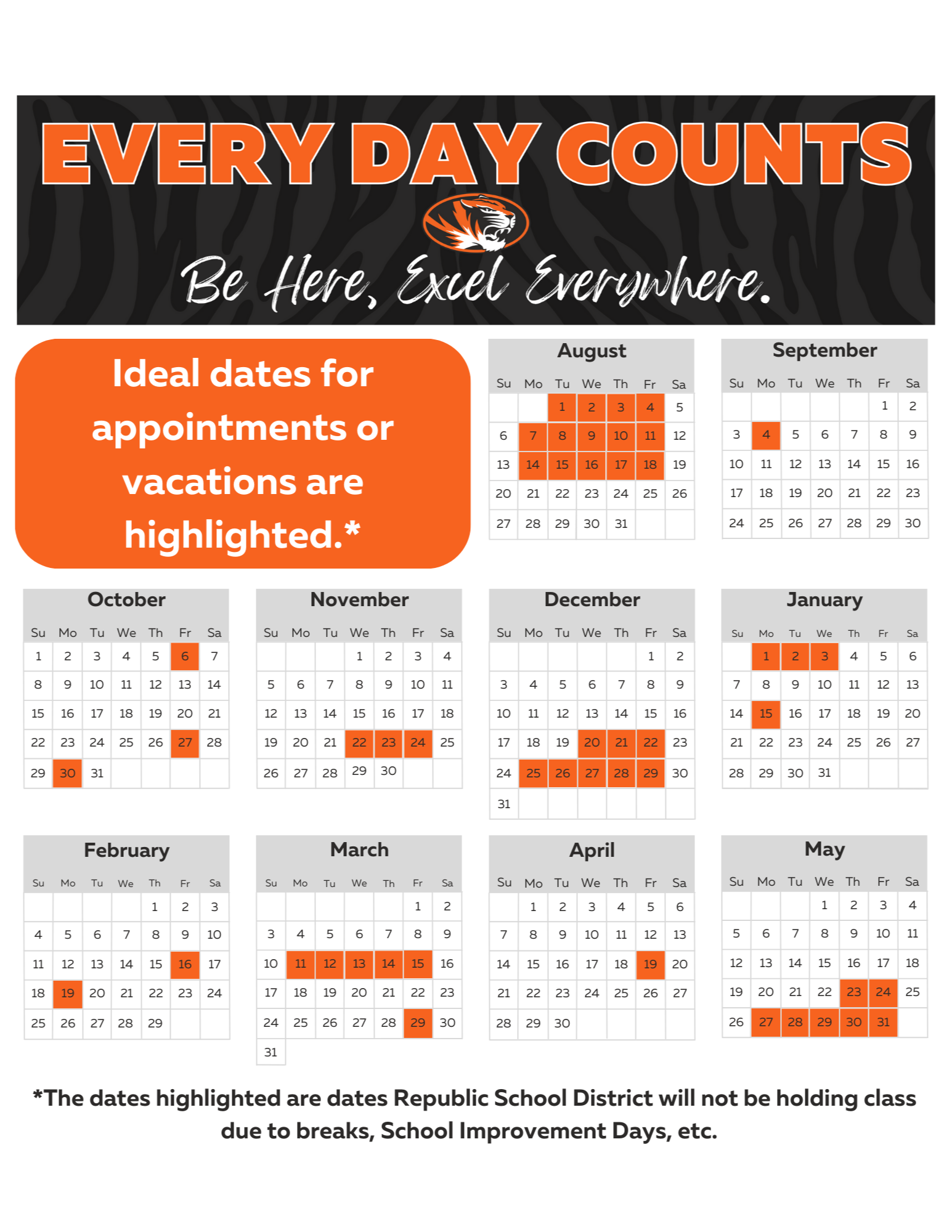 Calendar of ideal dates for when families could take students out of school for vacations or appointments