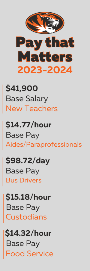 Gray box with text at the top that reads, "Pay that matters," then a list of starting salaries for various positions