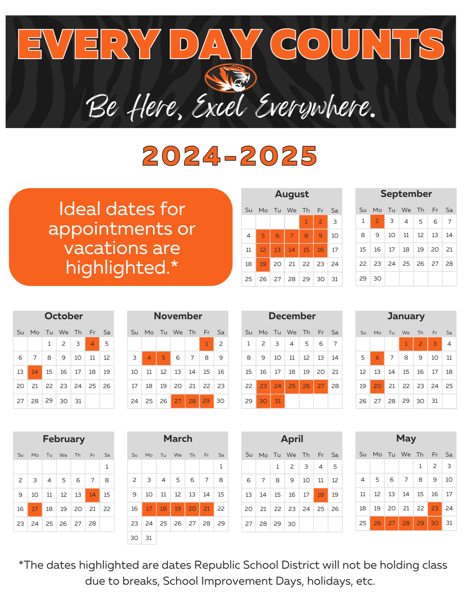 Calendar of ideal dates for when families could take students out of school for vacations or appointments