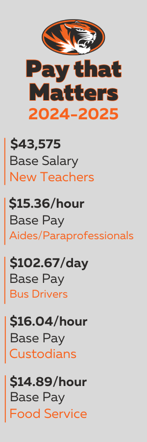 Gray box with text at the top that reads, "Pay that matters," then a list of starting salaries for various positions