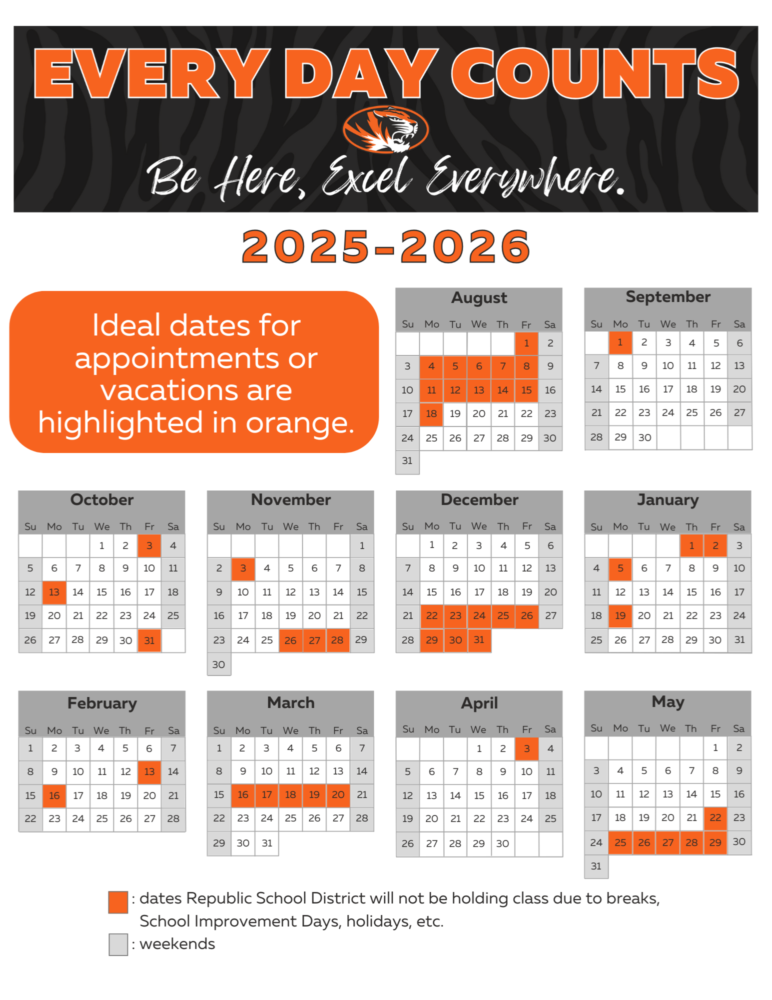 Calendar of ideal dates for when families could take students out of school for vacations or appointments