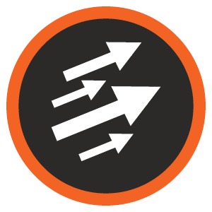 Circular graphic with arrows pointing up and to the right