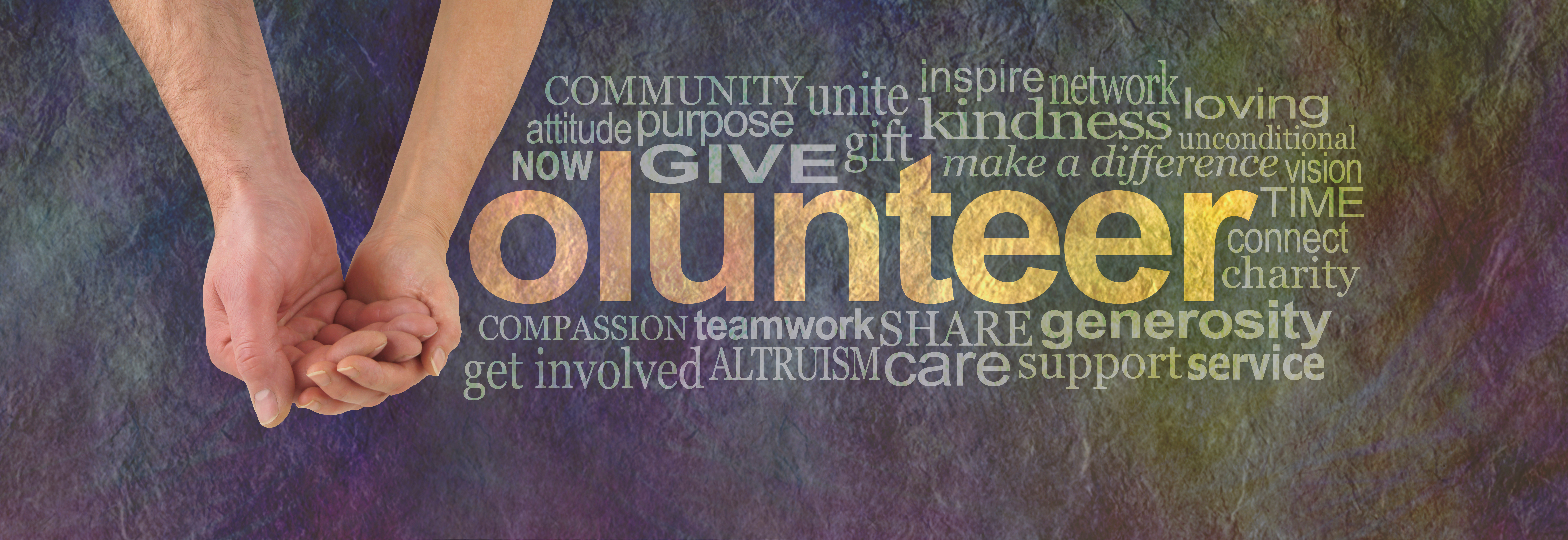 Volunteer image with words describing volunteer work around the image