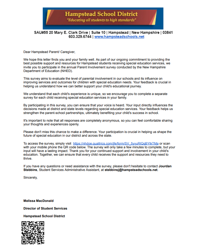 Information Regarding Parent Involvement Survey