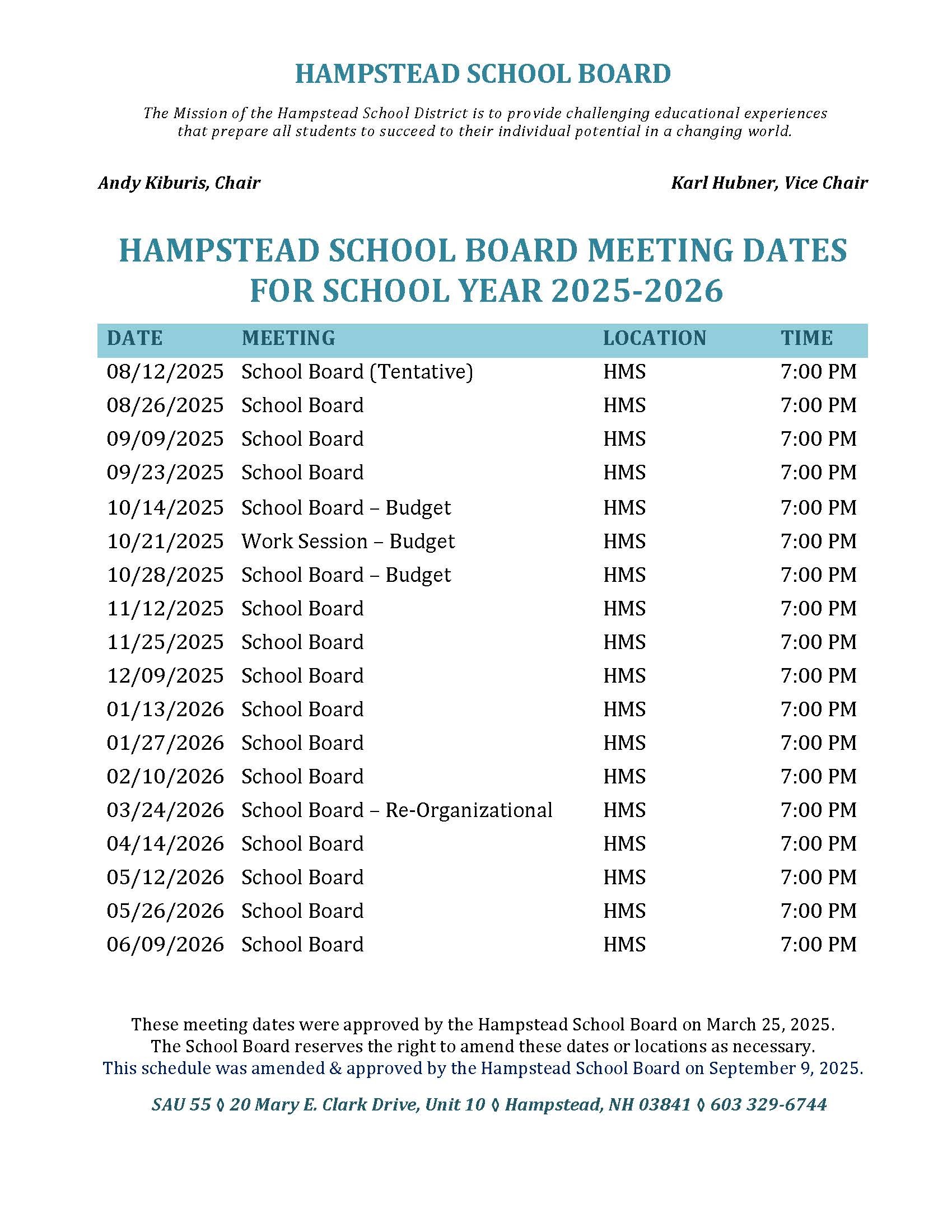 Hampstead School Board Meeting Dates